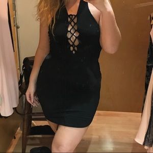 Black mini halter dress with lace up front